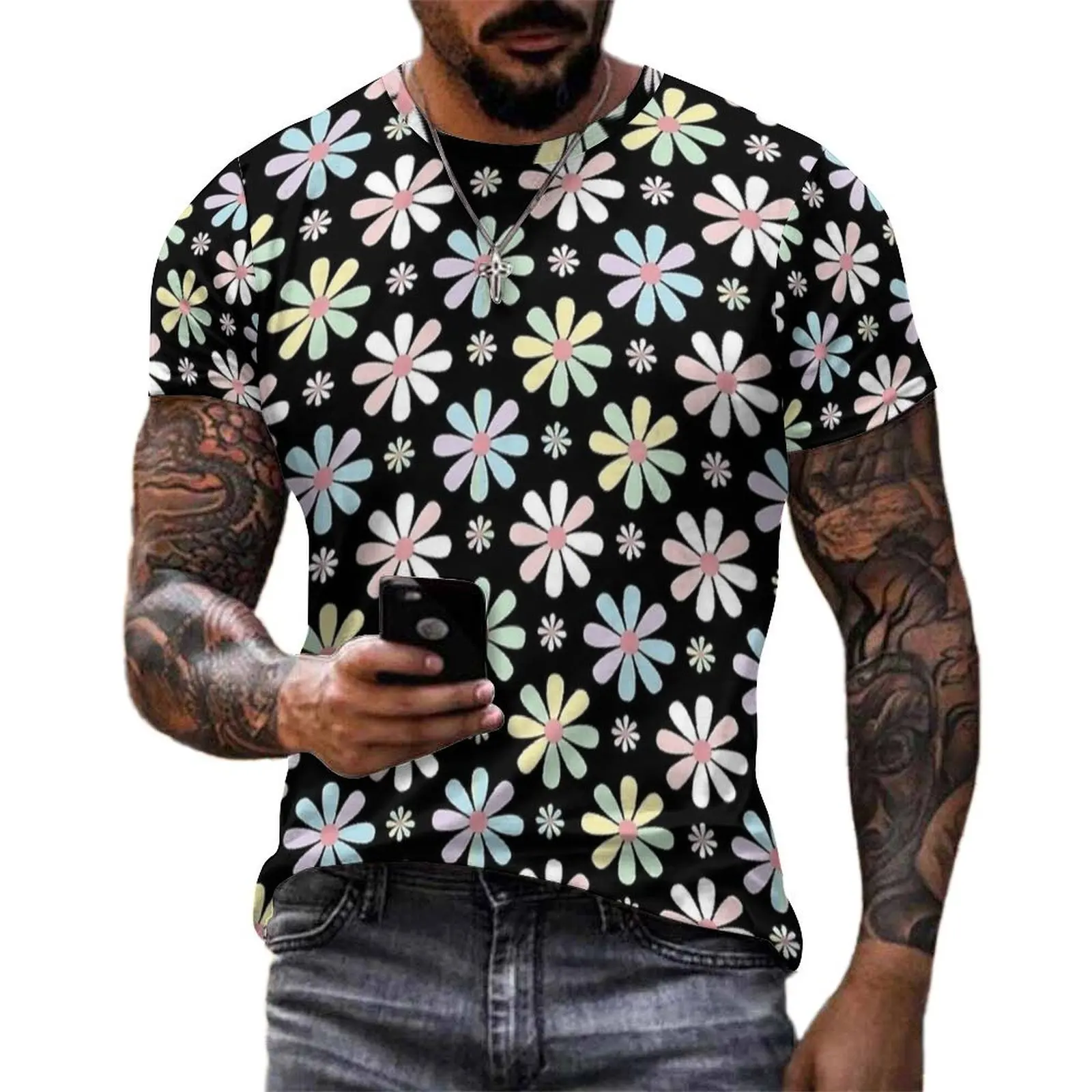 Pastel Daisy Black Pattern T-Shirt Male Popular T-Shirts Summer Pattern Tee Shirt Short-Sleeve Streetwear Big Size Clothes Gift