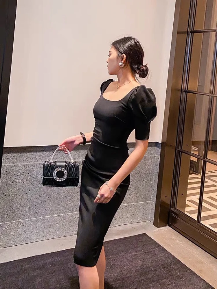 Retro Hepburn Ele Design Fada Aosphere Dr Coreano Sle Cintura Alta Bolha Sve Verão Or Sve Zíper Ba A-L...