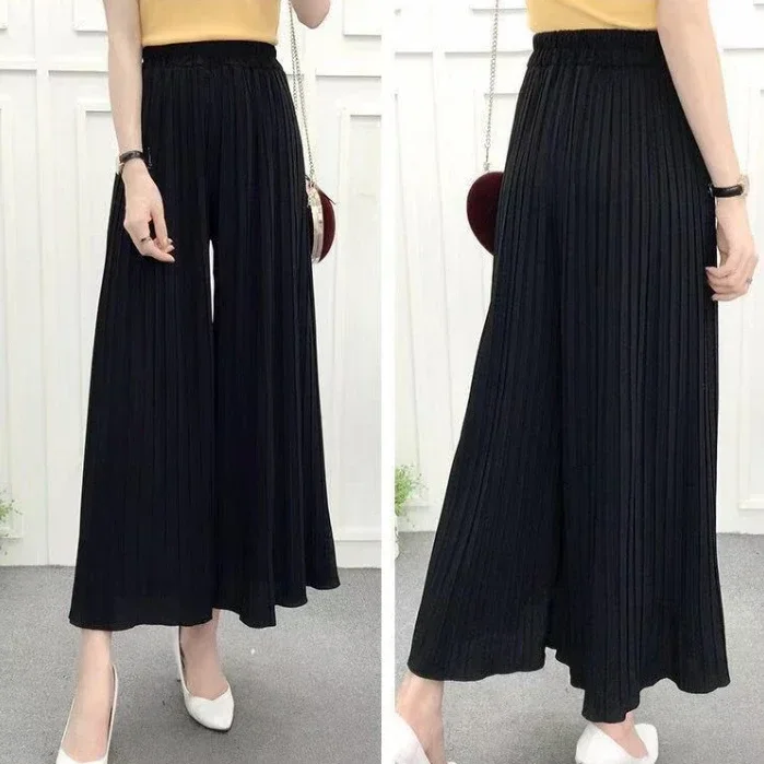 Sommer Neue frauen Hosen Koreanische Mode Feste Elastische Taille Gefaltete Lose Rock Hosen Plus Größe Casual Breite bein abgeschnitten Hosen – Detail 4