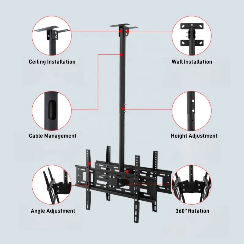 Full Rotating Ceiling TV Mount Height Adjustable Dual Screen Tilt Bracket Fit 32-55 Inch LED LCD Monitor Holder