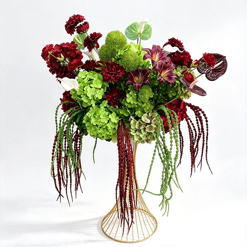 Künstliches Hortensien-Blumenarrangement in Burgunderrot und Grün, Hochzeitstisch-Mittelstück, Blumenball, Calla-Lilie, Amaranthus-Gras, Floristik – Detail 6
