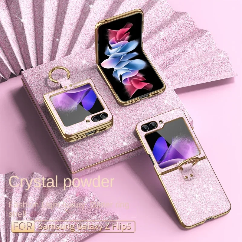 Luxury Plating Bling Glitter Ring Holder Phone Case For Samsung Galaxy Z Flip 6 5 4 Flip6 Flip5 Flip4 Flip3 Hard Plastic Cover