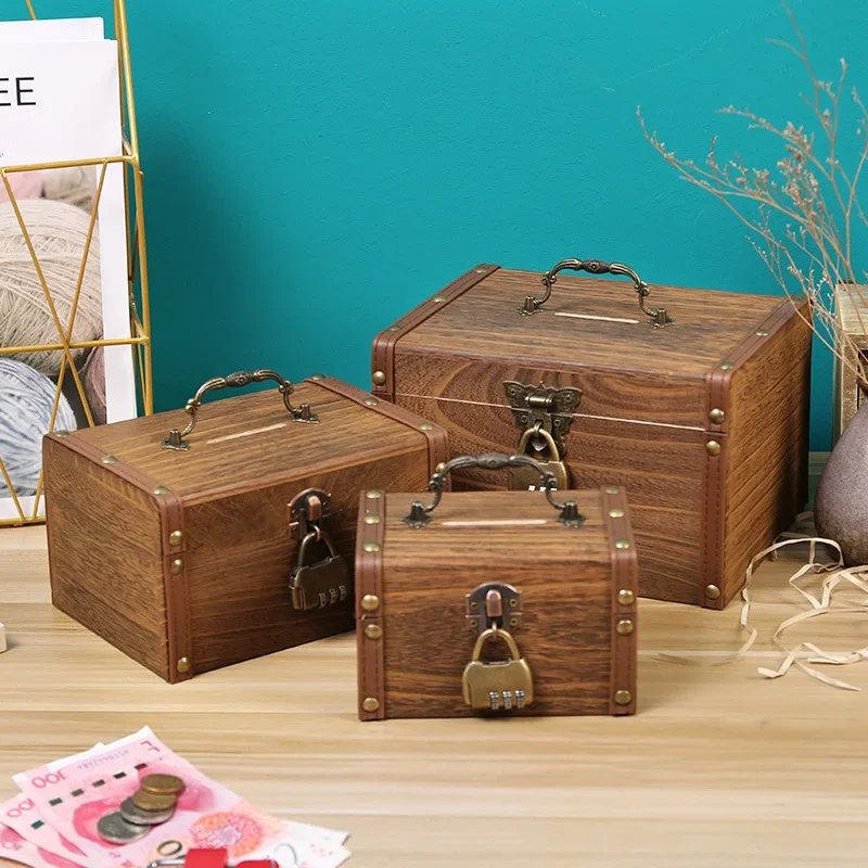 Small Boy Money Box Deposit Box Deposit Box Piggy Bank Key Code Lock Key with Kids Wooden Savings