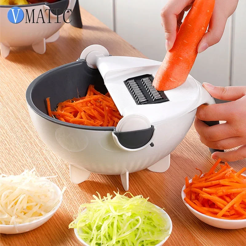 9 in 1 Multifunctional Vegetable Slicer Cutter with Drain Basket Household Potato Chip Slicer Radish Grater Chopper Kitchen Tool