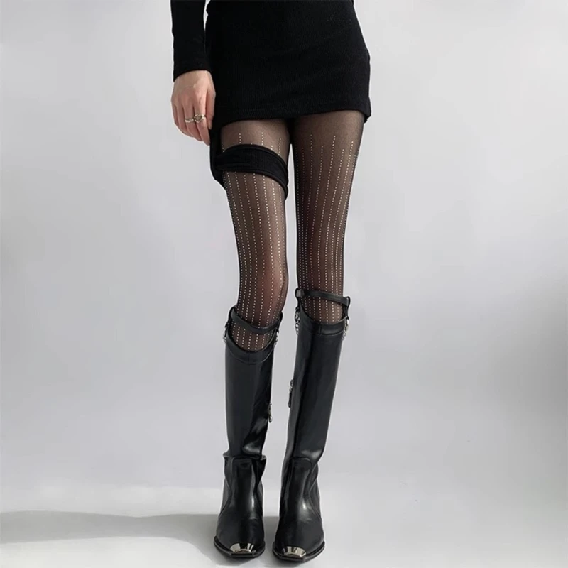 Sparkly Striped Rhinestones Embellished Pantyhose Stockings Sexy See Through Silk Tights Women Nightclub Party Thin Leggings