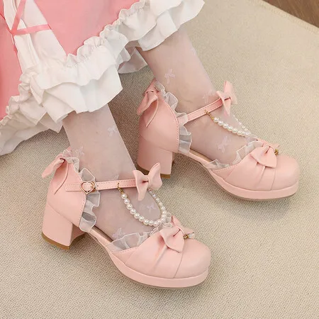 Spring Lace Ankle Strap Women High Heels Mary Jane Pumps Party Wedding Cosplay White Pink Hairball Bow Princess Lolita Shoes2024