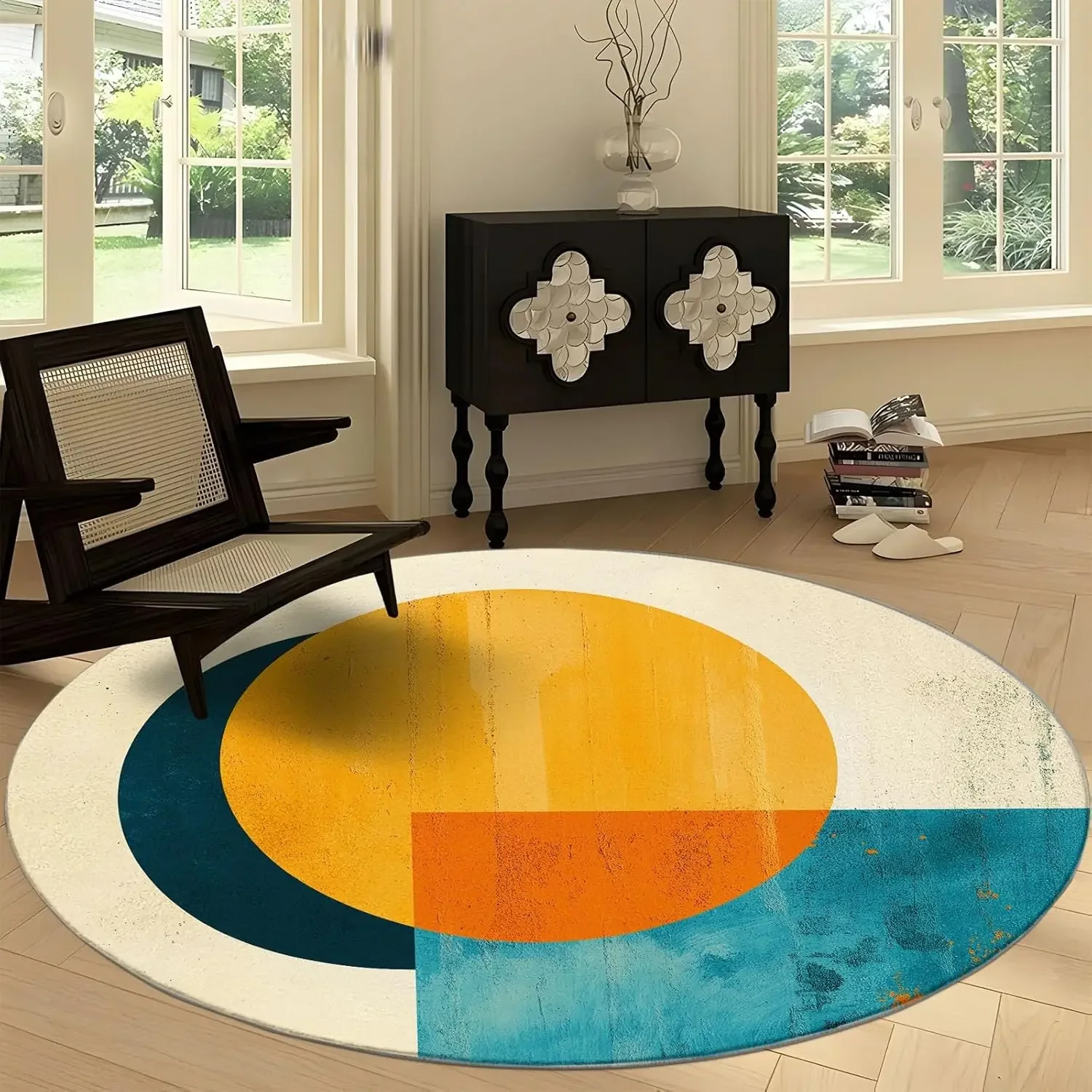 ~O~Washable Navy Blue Round Rug – Sea Wave & Sailboat Design for Bedroom & Dining Room