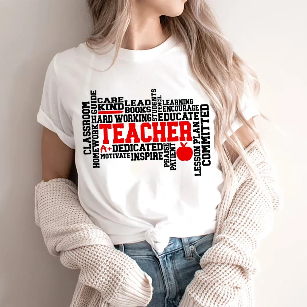 Teacher Women Summer White T-shirt Fashion Casual Regular Graphic Print Short Sleeve Tops Female Matching Clothes Teacher\'s Gift