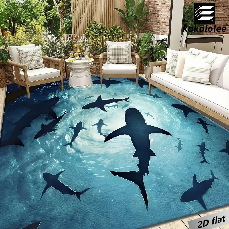 Underwater Shark School Blue Ocean Large Area Rug, Realistic Marine Animal Non-slip Waterproof Rug for Outdoor Patio Living Room