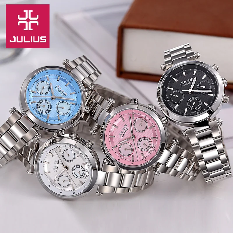 Real Multifunctions Lady Women's Watch ISA Mov't Fine Sport Hours New Fashion Stainless Steel Girl's Birthday Gift Julius Box