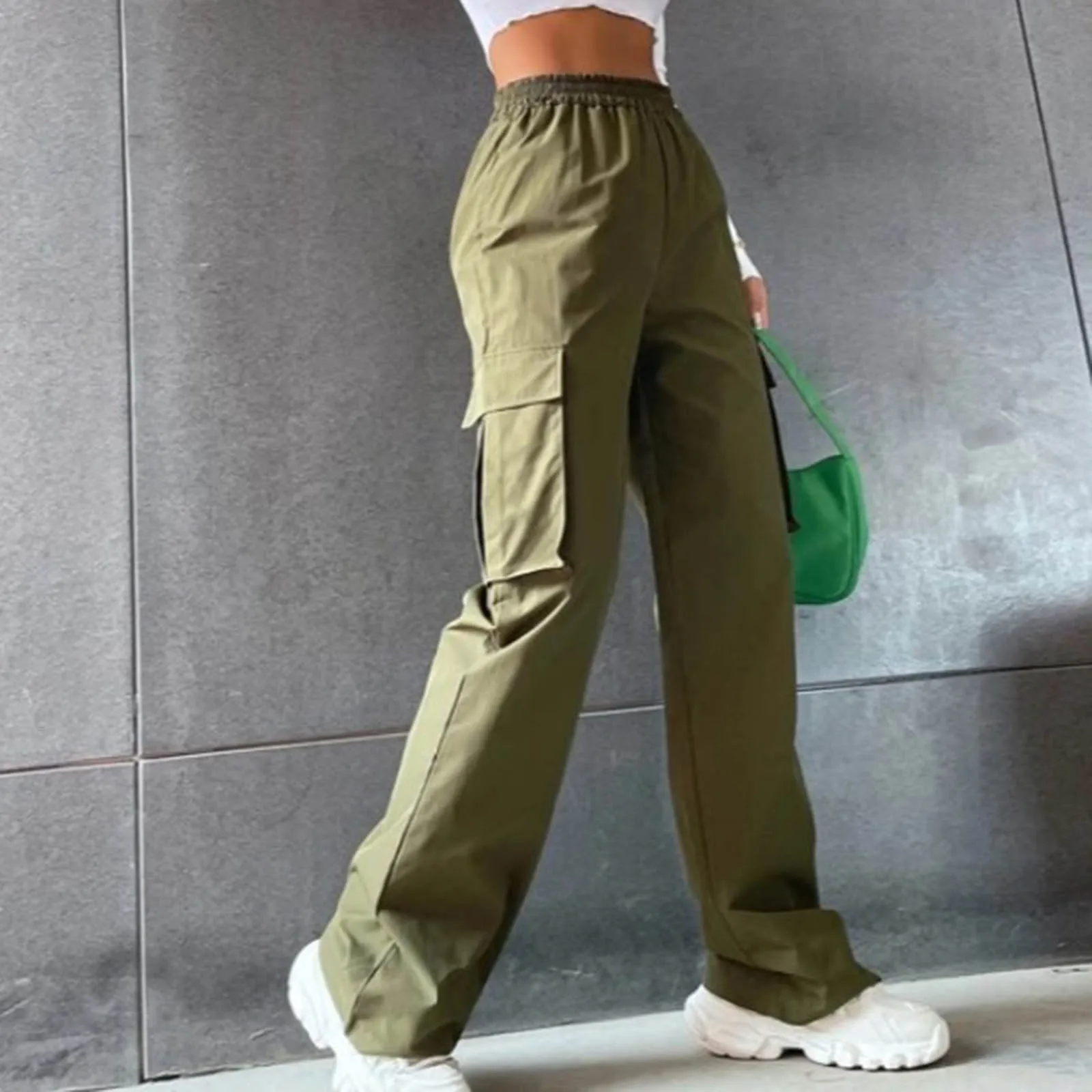 Pantalon Cargo à Taille Haute artificiel astique pour Femmes, Streetwear, FjWith Poches, Mode Décontractée, Solide, Document, Haute Qualité