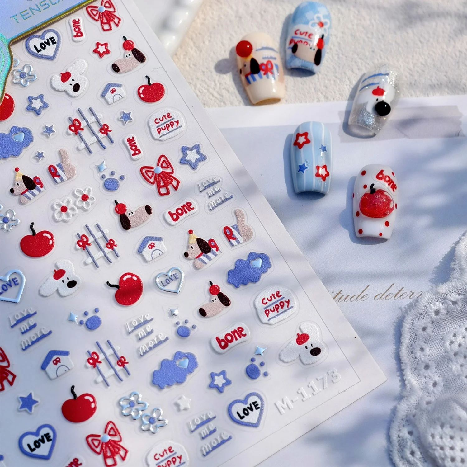 Apple Puppy Bowknot Blue Clouds Bone Flowers Dachshund House Cat Paw Print Stars Dog Bear Rabbit Heart Nail Art Stickers Decals