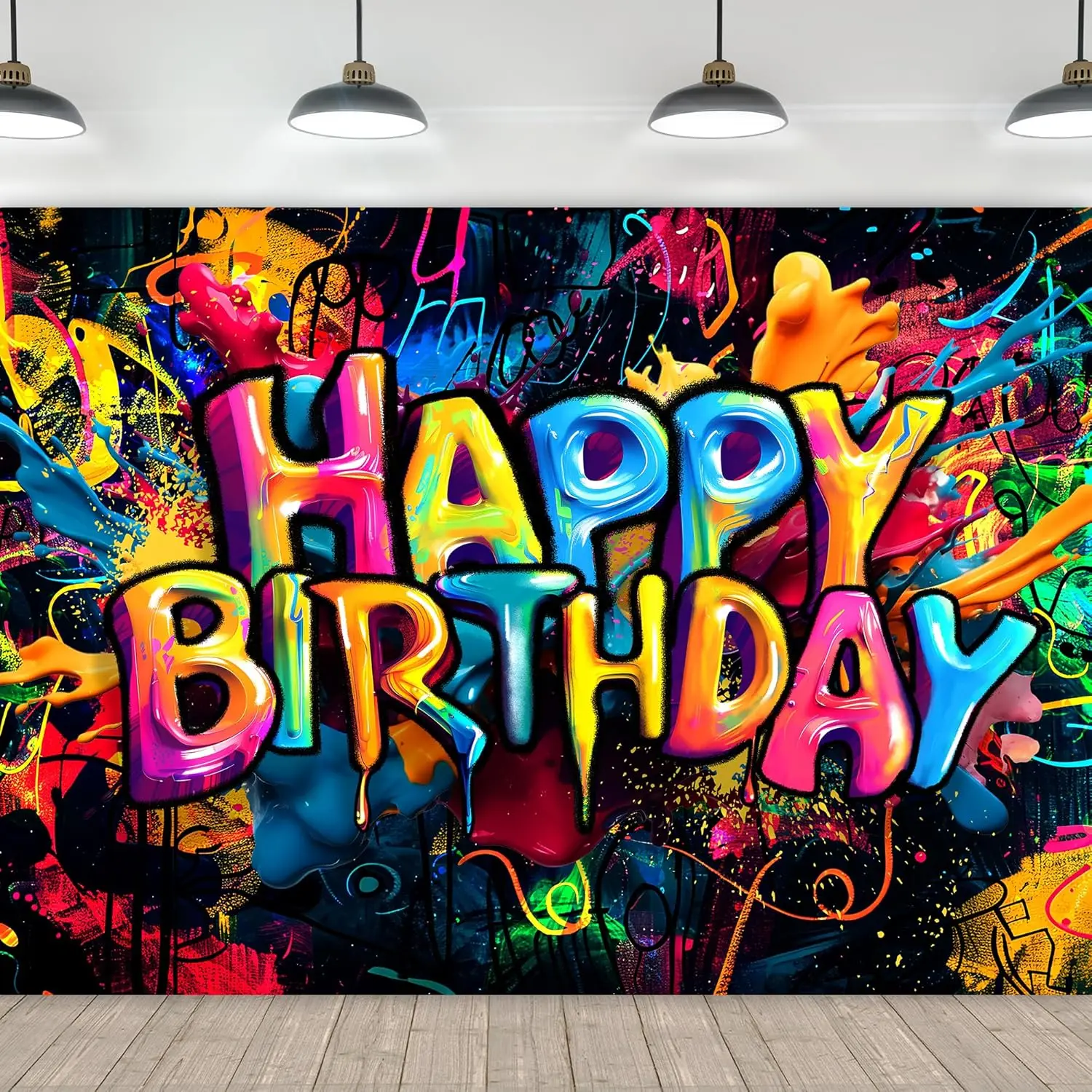 Neon Graffiti Happy Birthday Backdrop - Glow Brick Wall and Colorful Paint Splatter Background