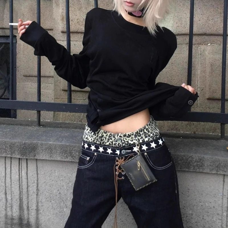 Deeptown Balck Vintage T-shirt Women Y2k Gothic Graphic Long Sleeve Button Grunge Tees Slim Japanese Style E-girls Tops Casual