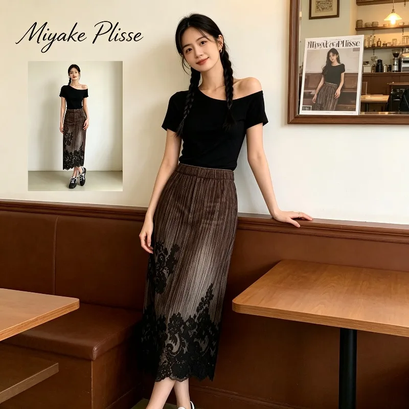 Miyake Pleated 2026 New Summer Original Faux Denim Lace Print Skirt Women Casual High Waist Retro Wave Hem Mid-Length Skirt