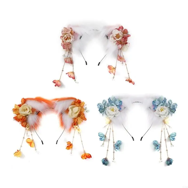 

N7YF Sweet Kitten Ear Headband with Flower Hairbands Carnivals Party Hair Decors