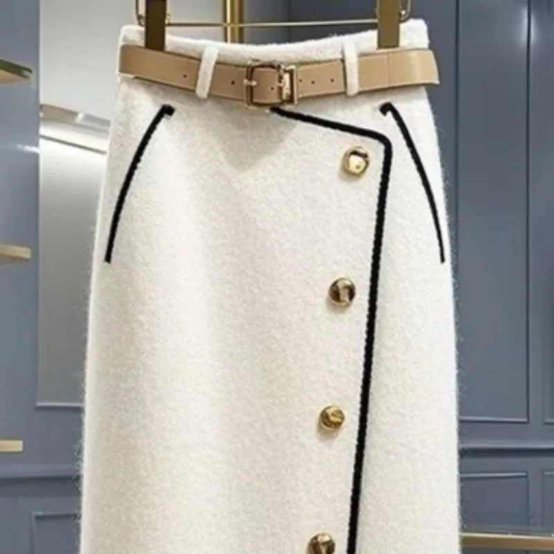 Spring Autumn Women Skirts Contrast Color Korean Fashion Chic Faldas Mujer A-line Elegant Simple Sweet Long Skirt