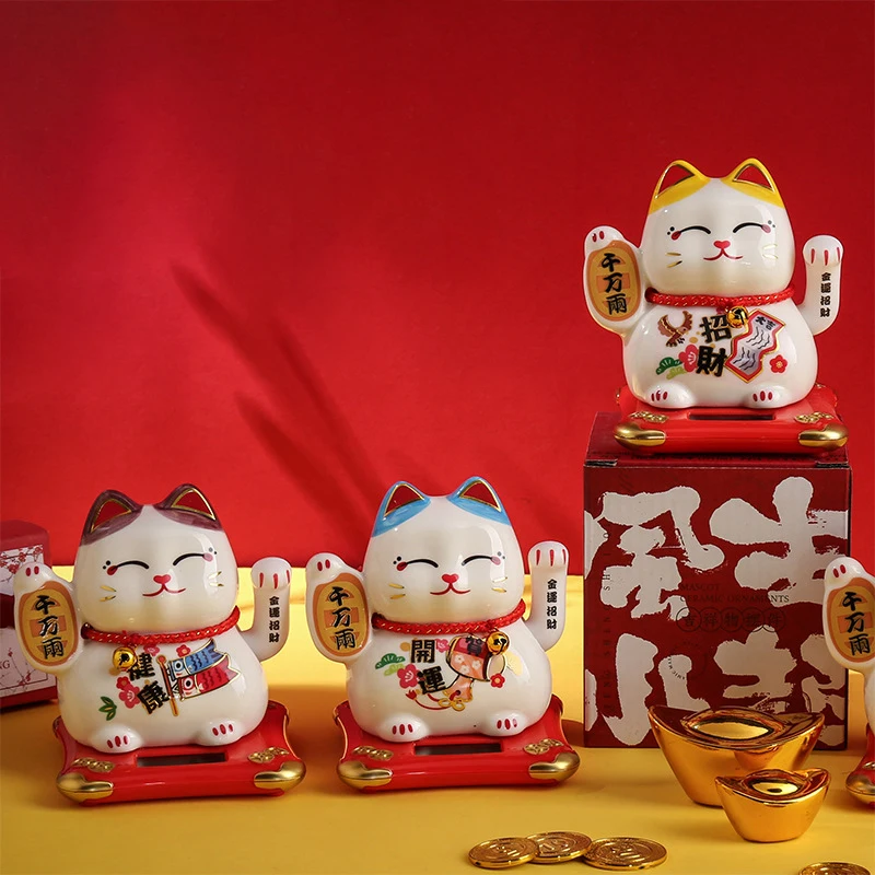 4.2 Inch Ceramic Beckoning Cat Waving Hand Maneki Neko Ornament Fortune Cat Figure Solar Powered or Battery