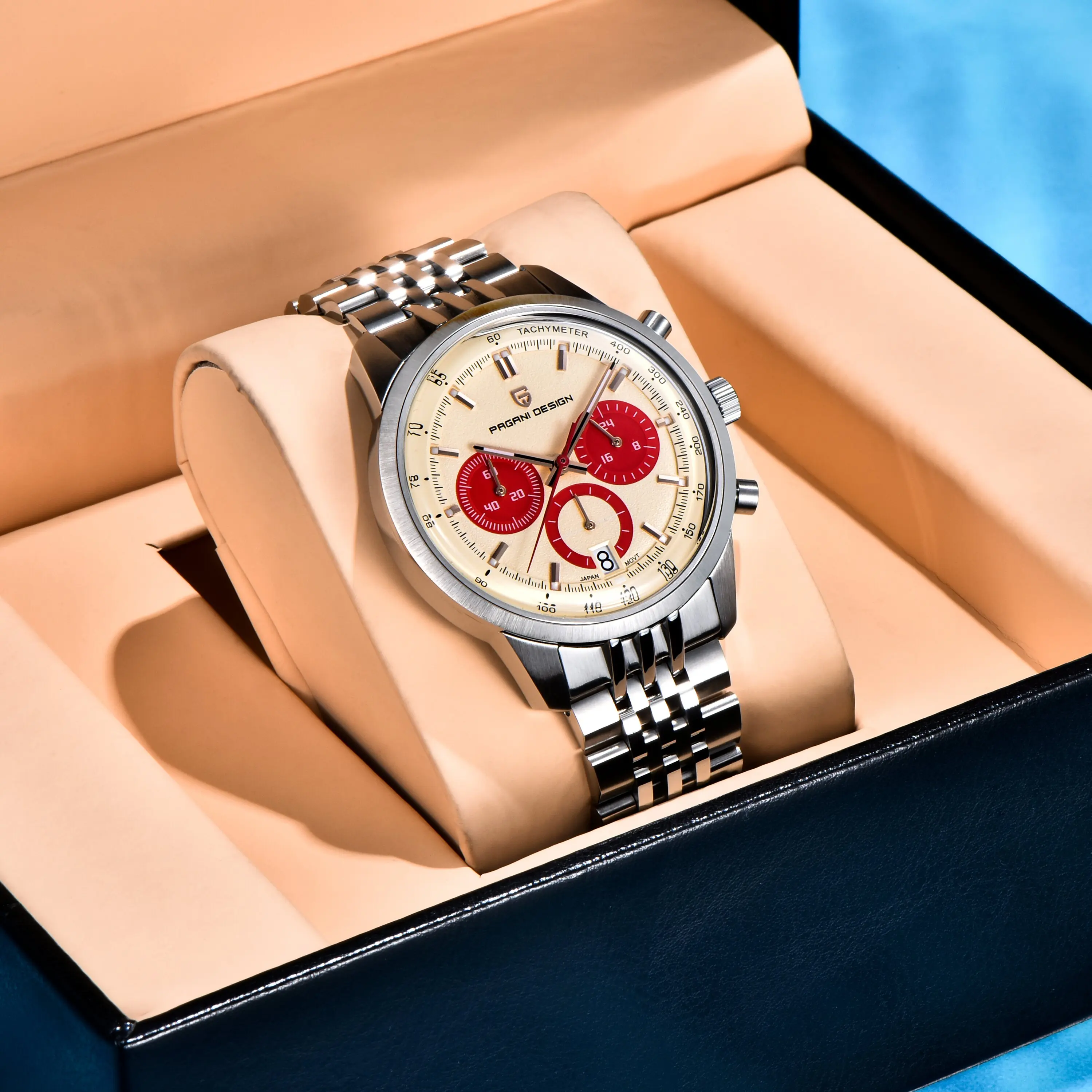 PAGANI DESIGN Mens Quartz Watches For Man Retro‑Sport Cream‑White Red Contrast 3-Sub‑Dials Luminous Diving Stainless Steel Watch