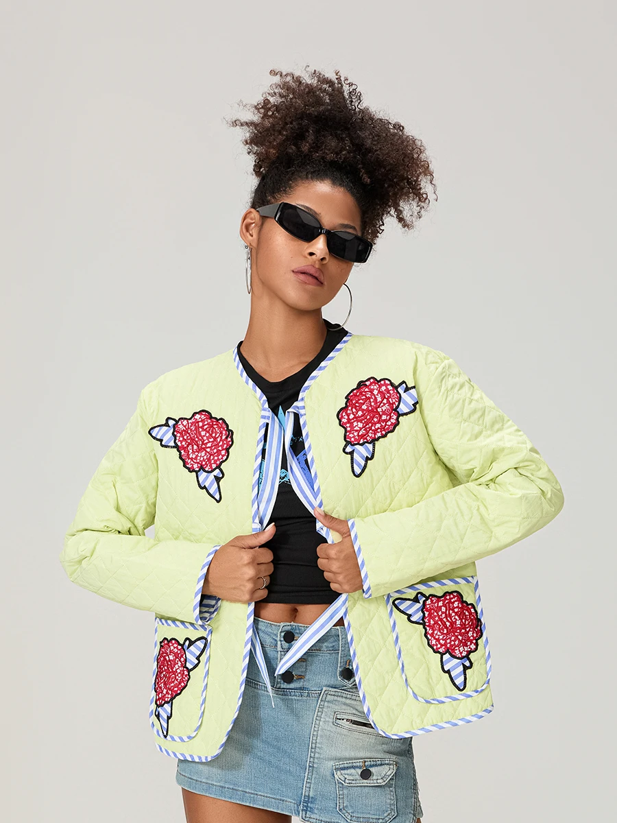 Women Floral Print Jacket Lightweight Quilted Long Sleeve Lacing Closure Winter Outwear