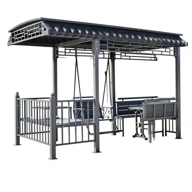 8 Person Outdoor Gazebo Set With Steel Frame Traditional Chain Swing Backyard Bench Durable Table And Hard Top Roof For