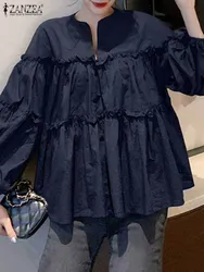 ZANZEA Autumn Women's Blouses Trend 2025 Fashion Long Puff Sleeve Tops Casual Shirt Work Mujer Elegant Solid Ruffles Hem Blusas