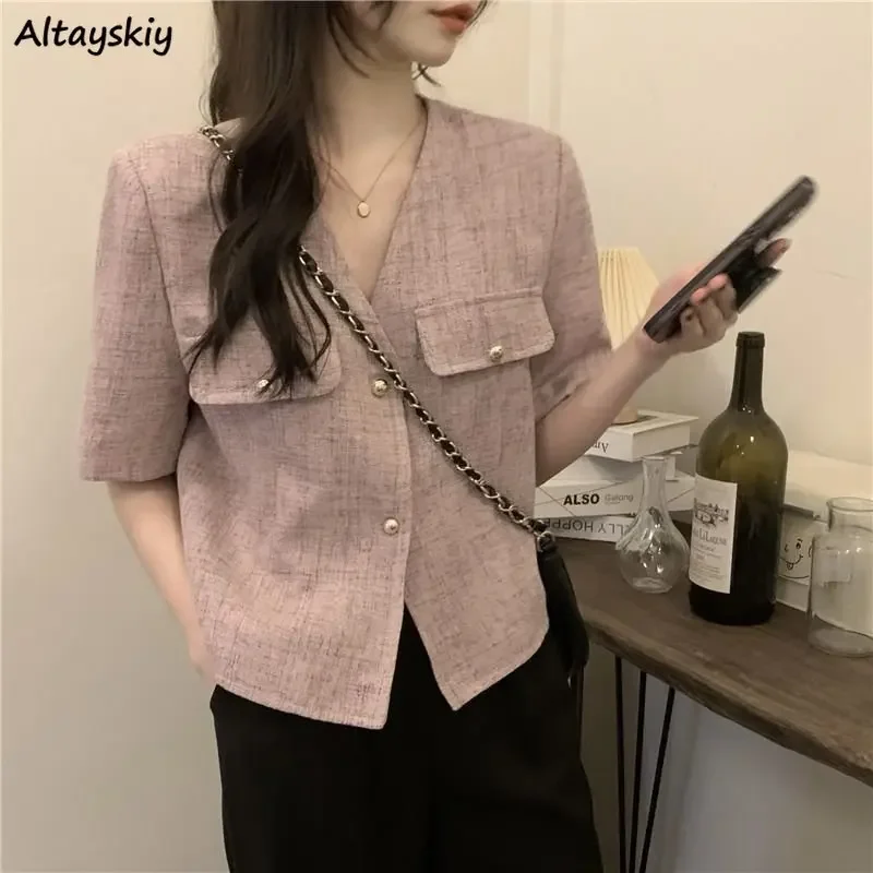 V-neck Shirts Women Button Design French Style Loose Temperament Summer M-3XL Fashion Female Casual Mature All-match Popular Mew