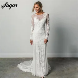 Mermaid Sexy Wedding Gown Scoop Neck Long Sleeves Ivory Wedding Dress Rustic Lace Bridal Gown Backless vestidos de novia