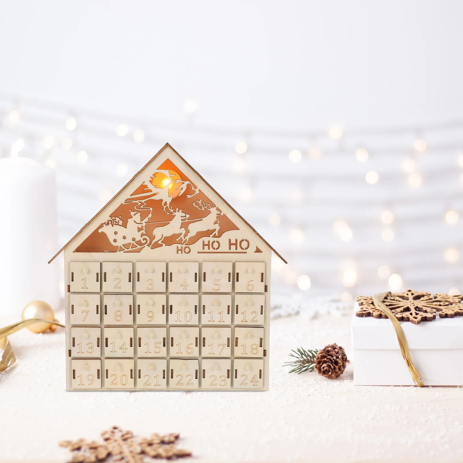 

24 Drawer Rustic Wooden Advent Calendar LED Light Up Christmas Village Tabletop Countdown to Christmas 2026 Holiday Calendar