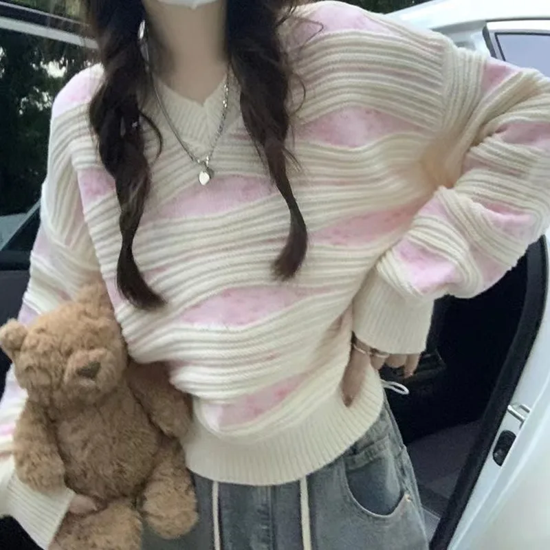 New Women Spring Autumn One Piece Top Sweater Knit Loose Soft Three-dimensional Stripes All-match Outdoor