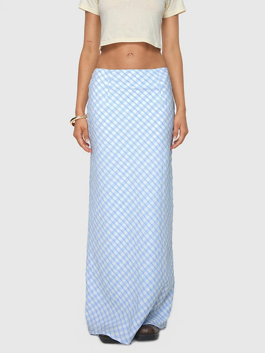 

New Fashion Womens Spring Summer Long Skirt Sky Blue Slim Plaid Skirt For Travel Beach Shopping Skin Friendly Hot Sale S M L