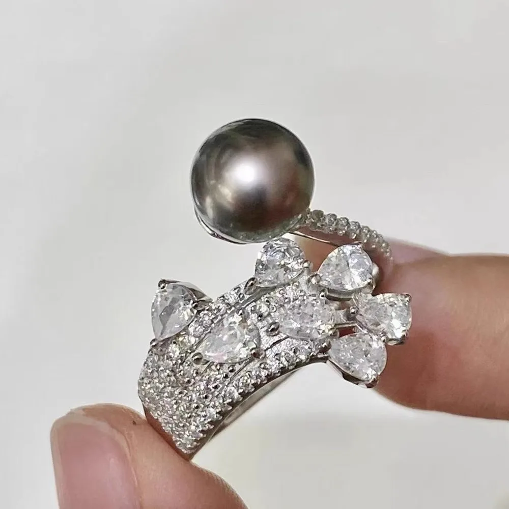 

Кольцо из стерлингового серебра S925, инкрустированное цирконием, жемчужное кольцо с половиной отверстия, дизайн изменяемого размера, ювелирные изделия ручной работы, аксессуары для колец
