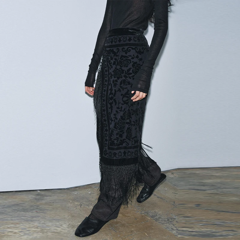 

Женские винтажные длинные юбки с цветочным принтом, элегантные бархатные юбки с бахромой, повседневная одежда для офиса, новинка 2026 года, женская уличная мода