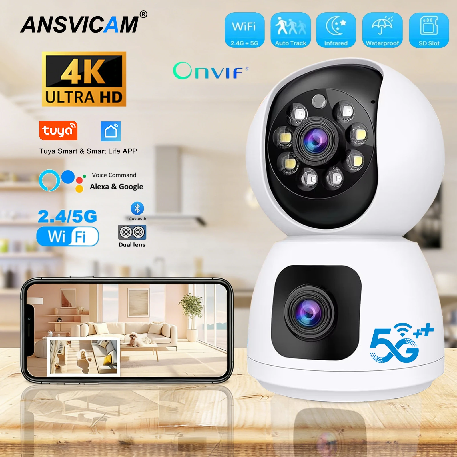 Tuya  4K 8MP HD WiFi Camera Indoor  Dual Screen Baby Monitor Color Night Vision Camera  PTZ Auto Tracking Home Security Camera