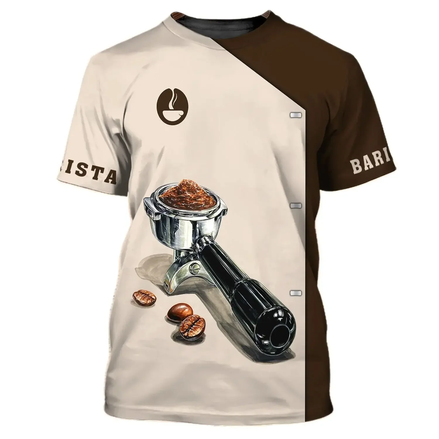 Uniforme de Barista con estampado 3D para hombre y mujer, camiseta de manga corta con cuello redondo, gran tamaño, moda de verano