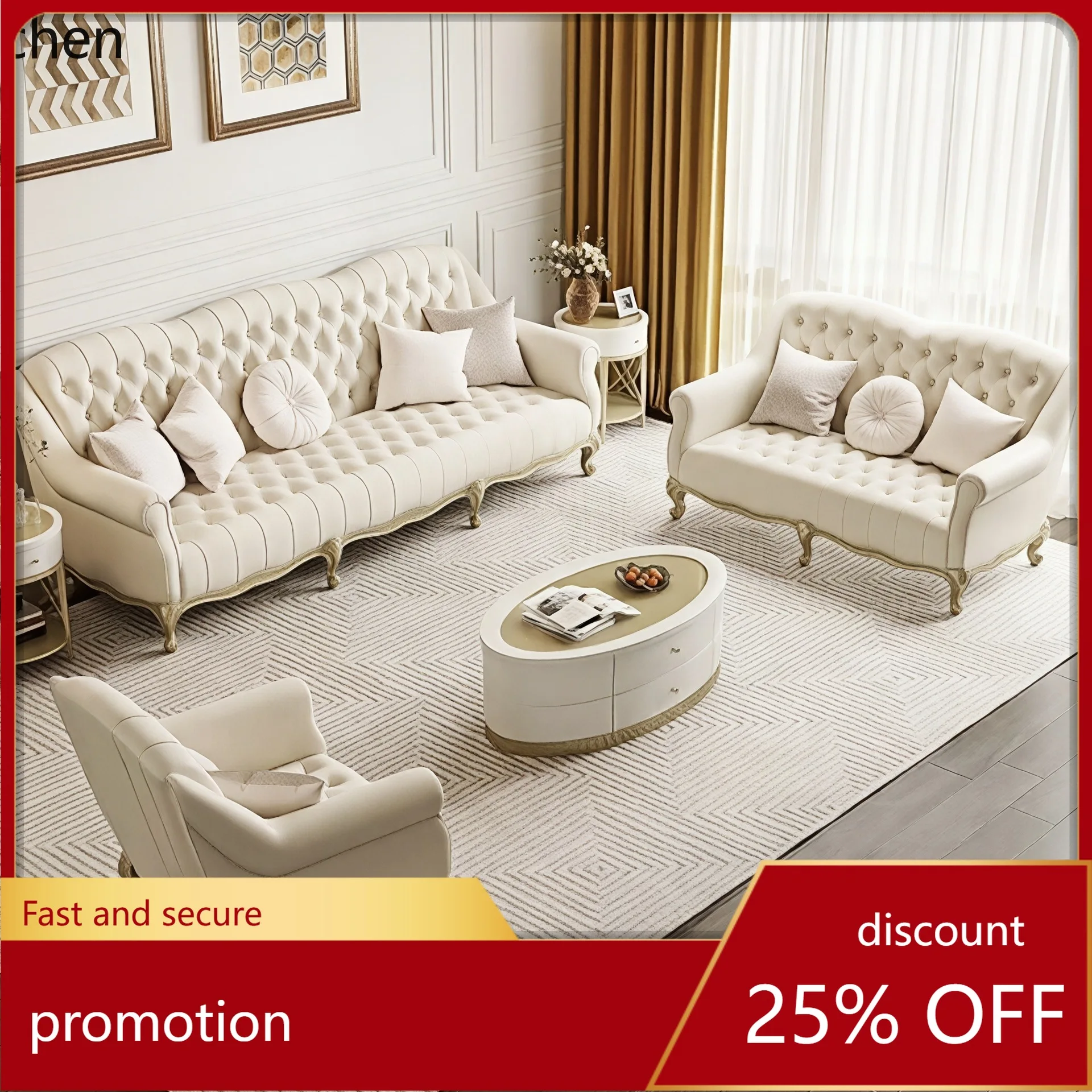 

HXL Solid Wood Leather Sofa Living Room High-End Sofa Set Villa Sofa