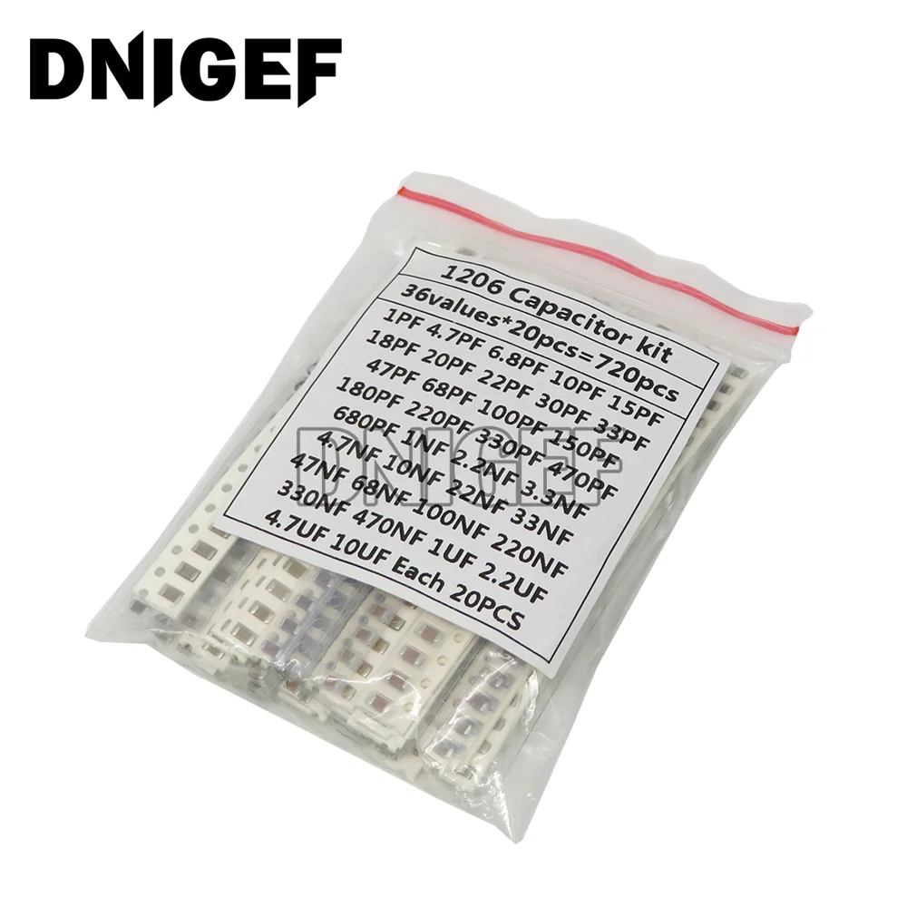 320PCS 720PCS 2500PCS 0603 0805 1206 SMD Capacitor Kit 16/36/50Values 1PF ~ 1UF 22PF 47PF 22NF 100NF 2.2UF 4.7UF Assorted Kit