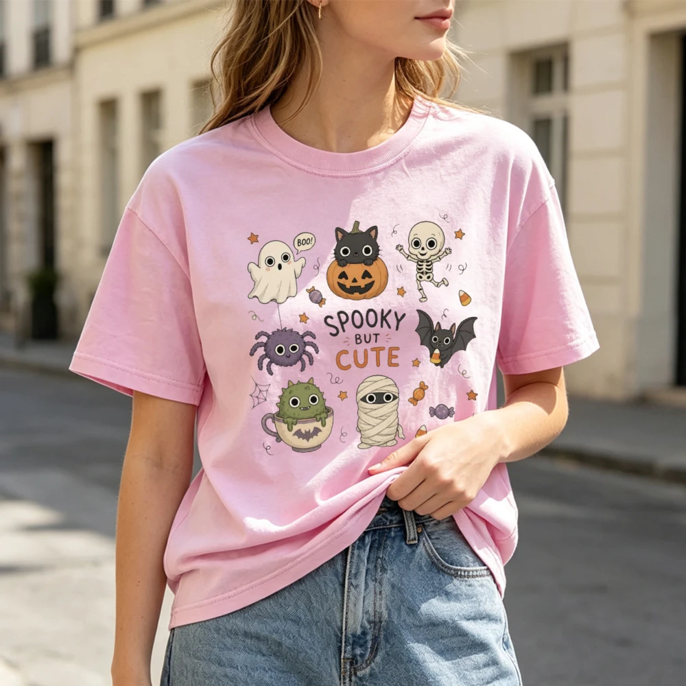 Spooky But Cute Shirt Halloween Women Fall Graphic Tee Vintage Spooky Season Shirt Pumpkin Black Cat Ghost Skeleton T-Shirt