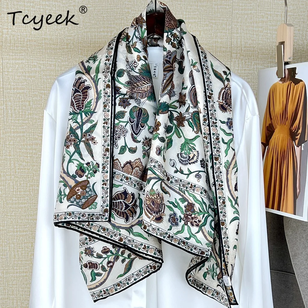

Tcyeek, 19MM 100%Real Slik Elegant Kerchief, 106cm Floral Printed, Mom Gift Retro Chic Scarf, 2024 Summer Autumn A465130QM