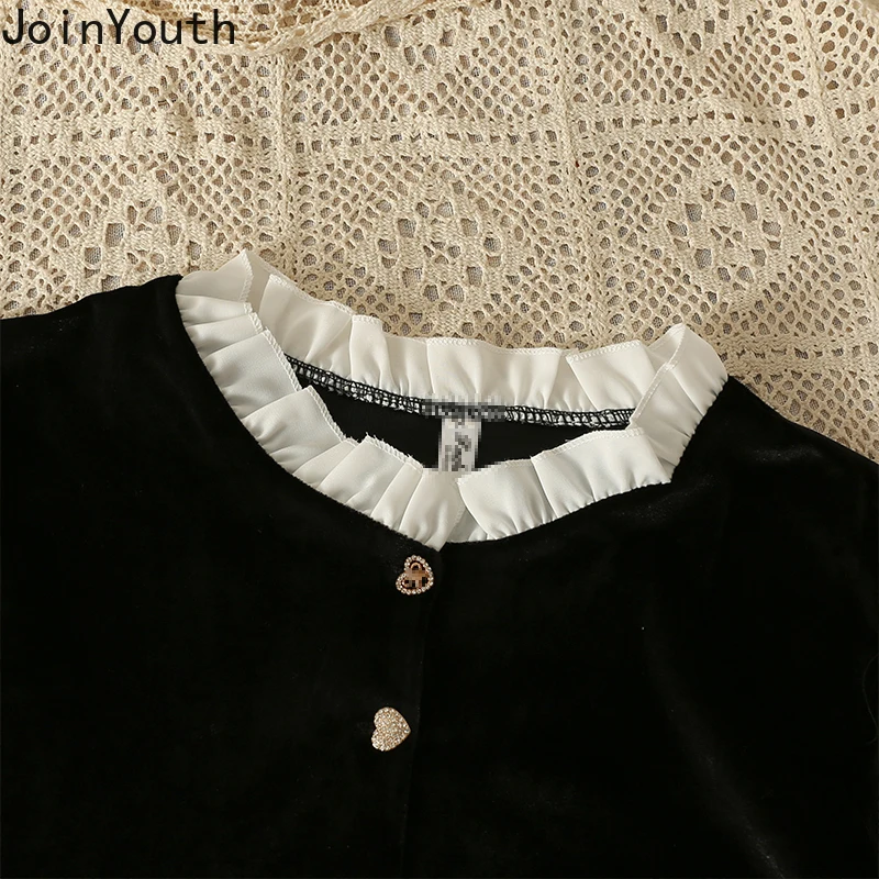 Vintage Blouse Women Black Velvet Patchwork Ruffles Shirts 2023 Blusas Mujer De Moda Crop Tops Tunic Long Sleeve Fashion Blouses