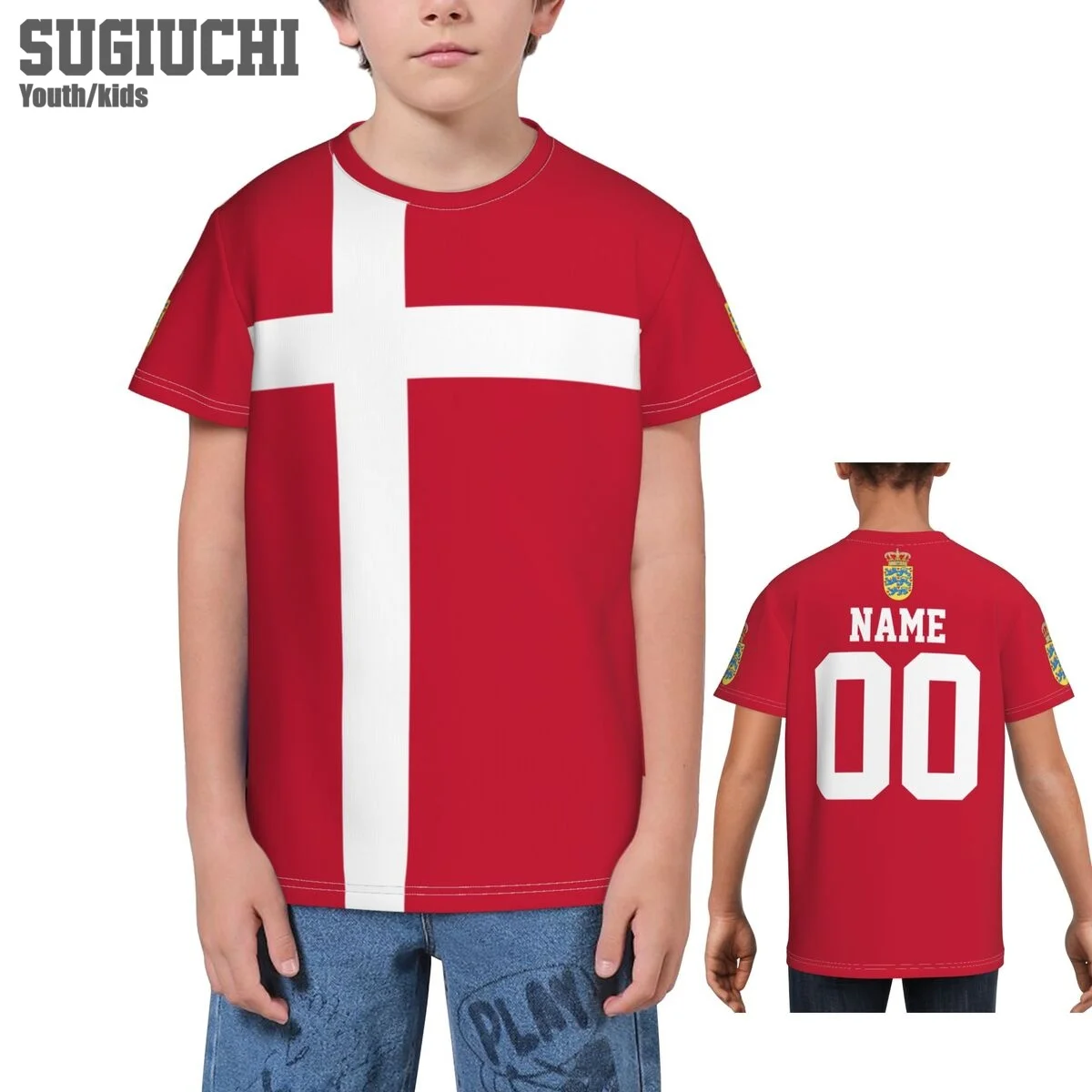T-shirts 3D avec emblème du drapeau du Danemark, nom personnalisé, pour enfants, jeunes garçons/filles, cadeau pour les fans de football
