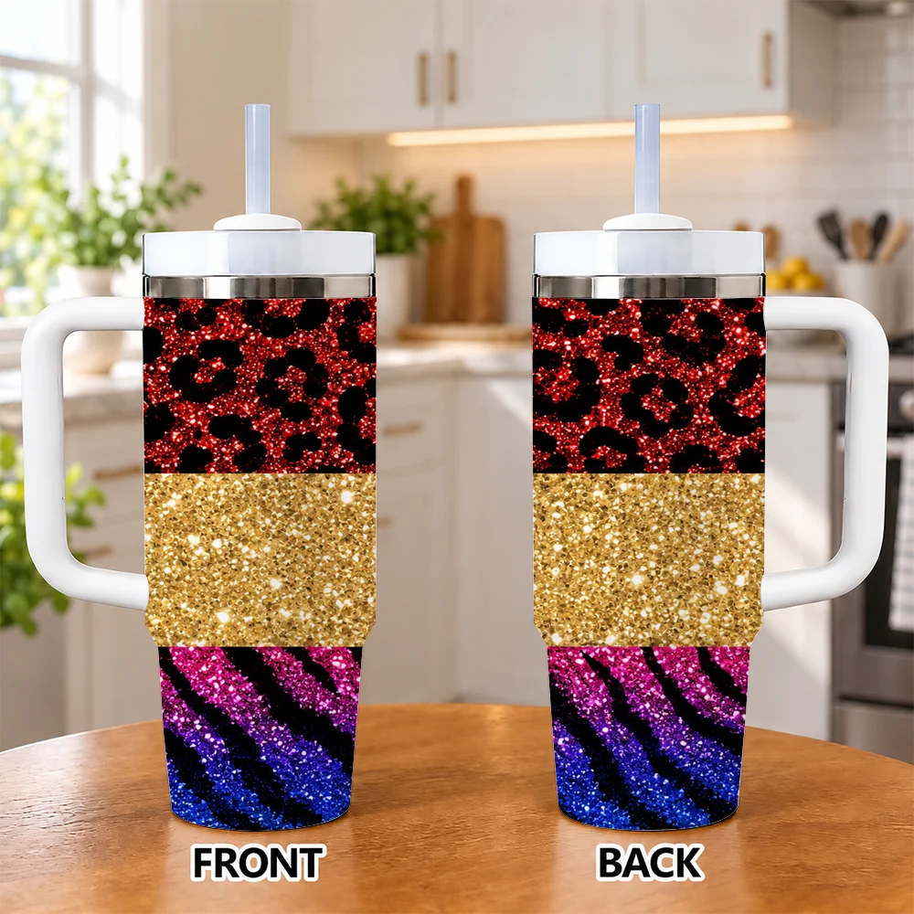 Glitter Leopard Zebra Sparkle 40oz Tumbler with Handle Straw Stainless Steel Insulated Travel Mug Water Cup Gift Vacuum Flasks