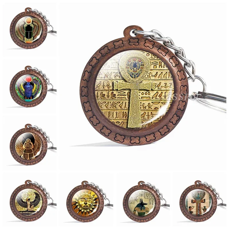 Egyptian Ankh Cross Wooden Keychain Retro Jewelry Ancient Egypt Anubis Scarab Goddess Glass Cabochon Wood Keyring Accessories