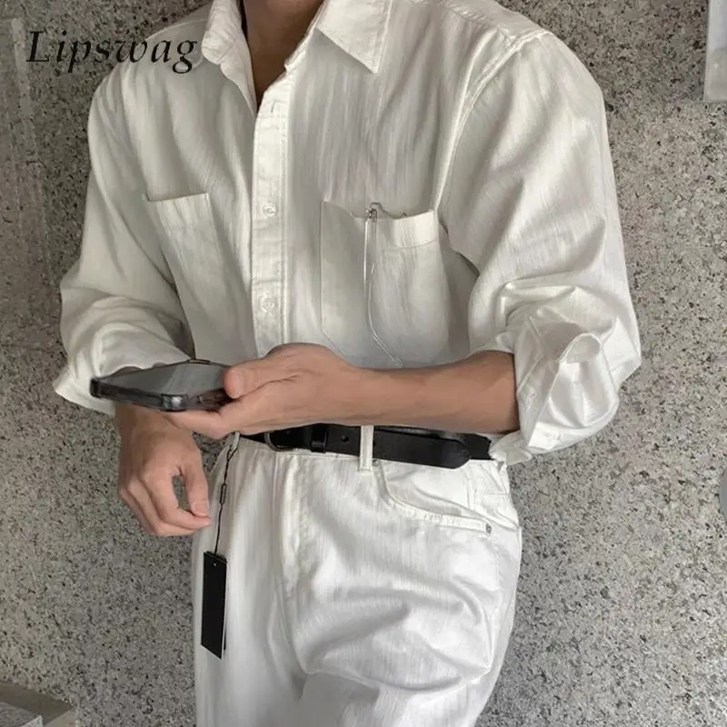

Spring Summer Fashion Long Sleeve Mens Shirt Vintage Button-up Turn-down Collar Shirts Men Casual Solid Color Breathable Shirts