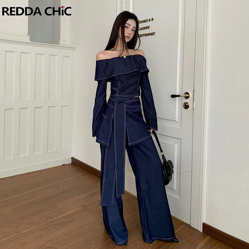 REDDACHiC Denim Top Cover Up Wide Leg Pants Set Women Work Casual One-shoulder T-shirt Wide High Waist Baggy Jeans Retro Clothes