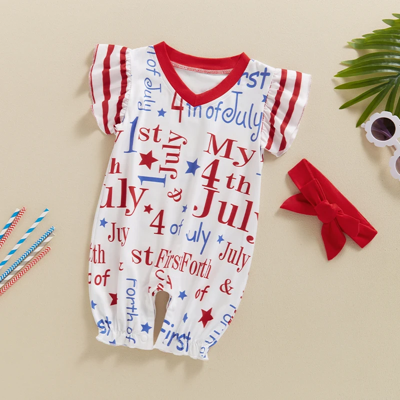 Toddler Boy 4th of July Outfit American Flag Print Romper and Hat Set Stylish Patriotic Clothing for Independence Day