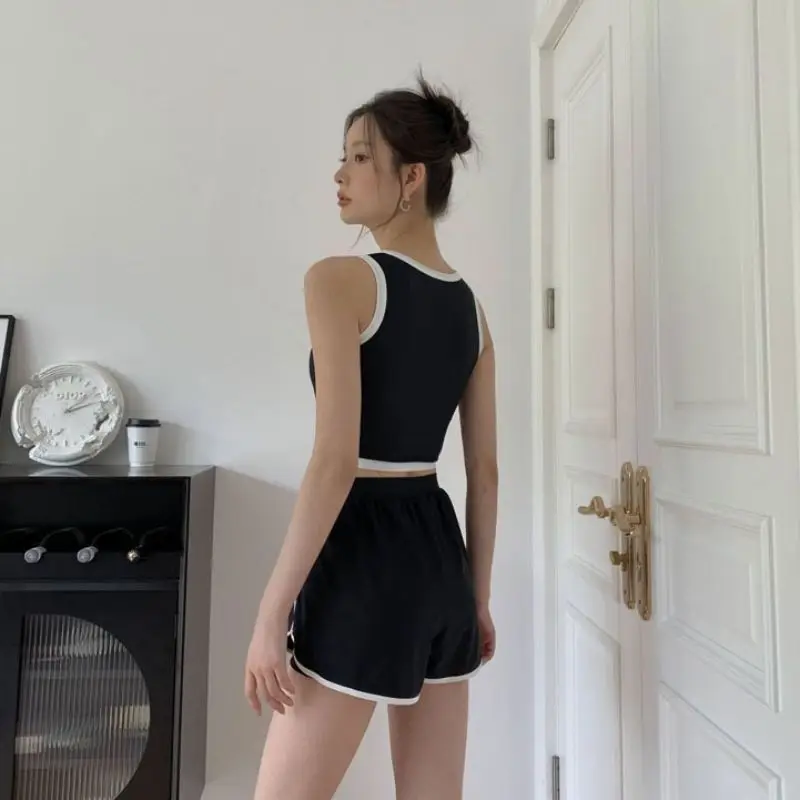 Korean Conservative Split Swimsuit Women Student High Waist Bikini Set Holiday Beachwear Tank Shorts Slimming Black Bathing Suit