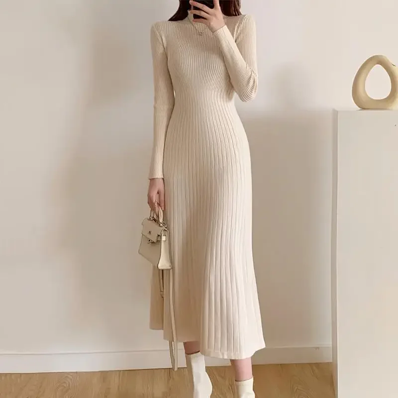 2024 Autumn/winter Medium-length Sweater Dress Women's A- line Knit Dress Polo/turtle Neck Inner Wear