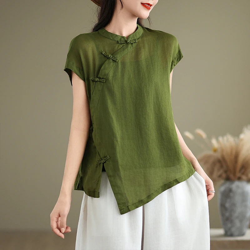 Retro Chinese Sle ort Sve Katoen Linnen irt Dames Zomer Nationale Sle Schuine Kraag Knop Verbeterd tot...