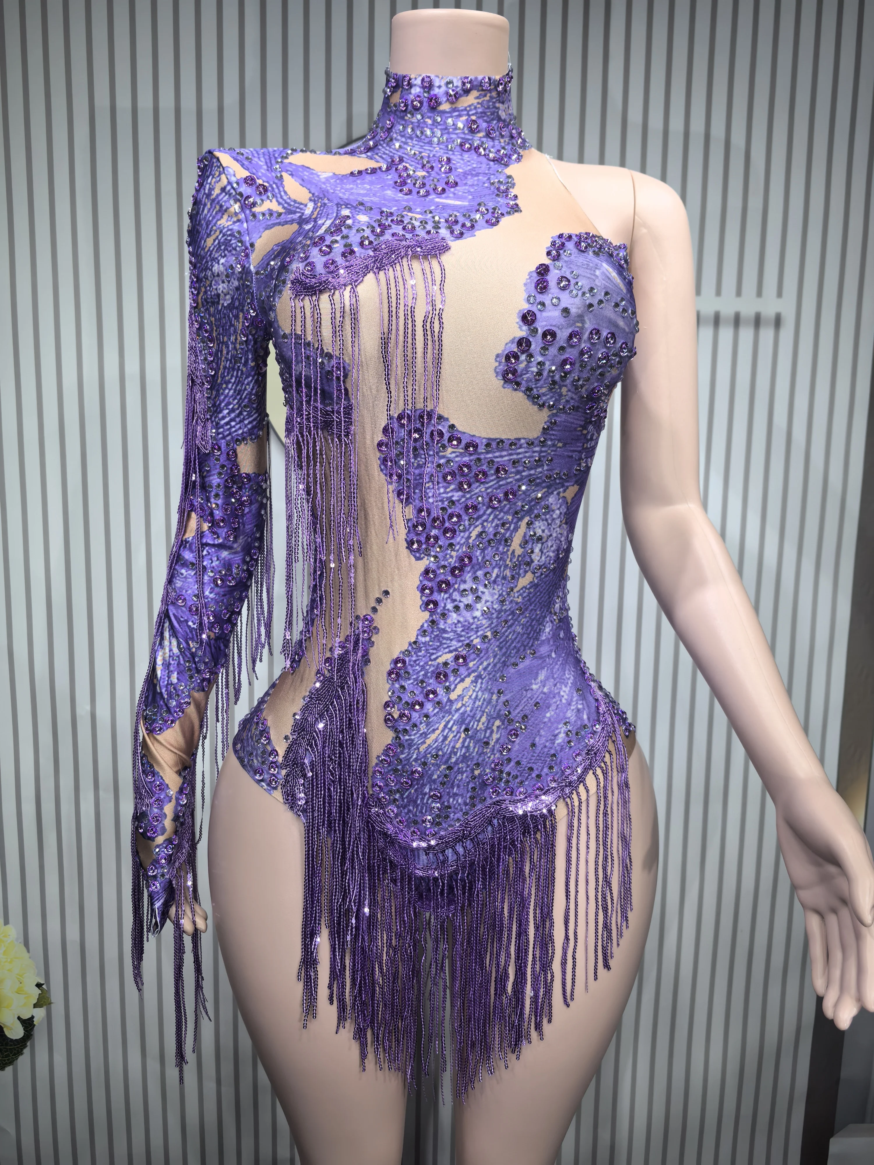 Sexy Skinny Leotard Singer Dancer Show StageWear Sparkly Blue Rhinestones Women DanceCostume Fringes One Shoulder Bodysuit  7G